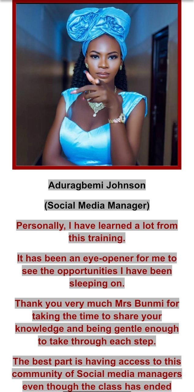 Testimonial from Aduragbemi Johnson, social media manager