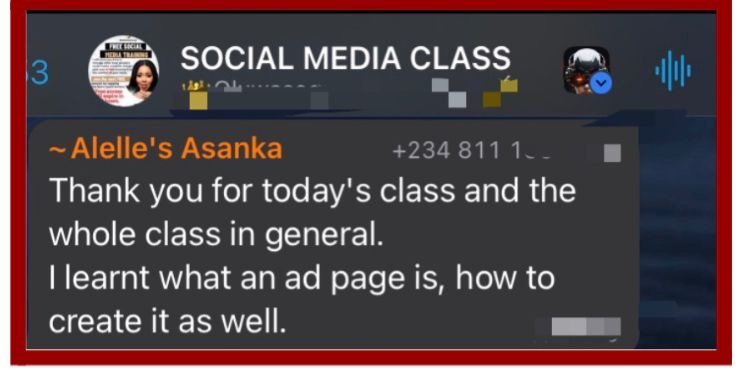 Message from Alelle's Asanka thanking Bunmi for the class