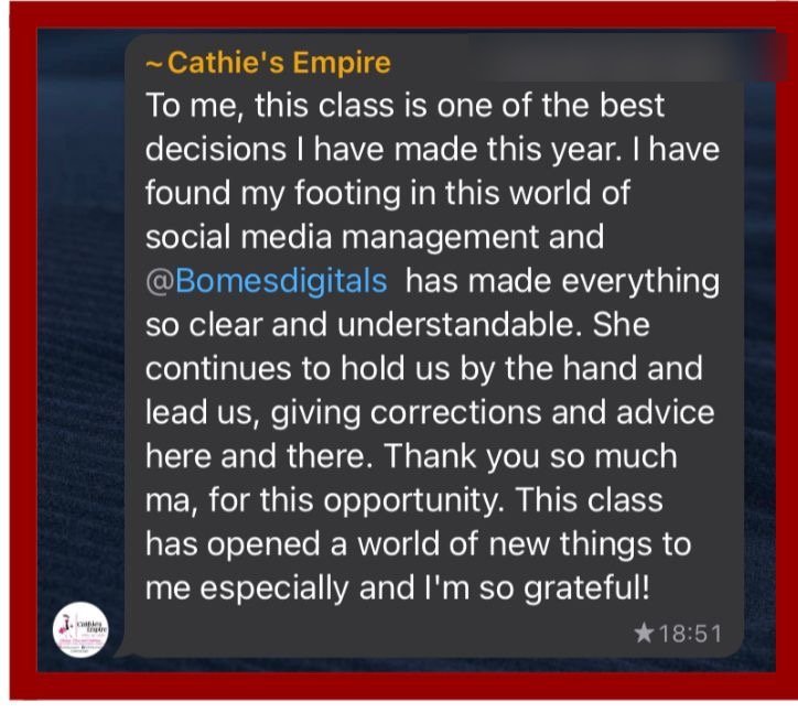 Testimonial from Cathie's Empire calling the class one of her best decisions this year