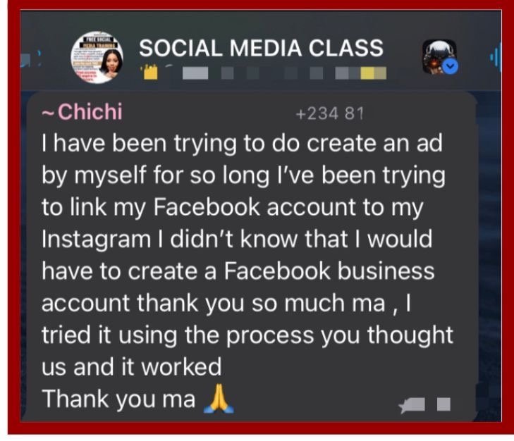 Testimonial from Chichi, who finally linked Facebook and Instagram using the process taught