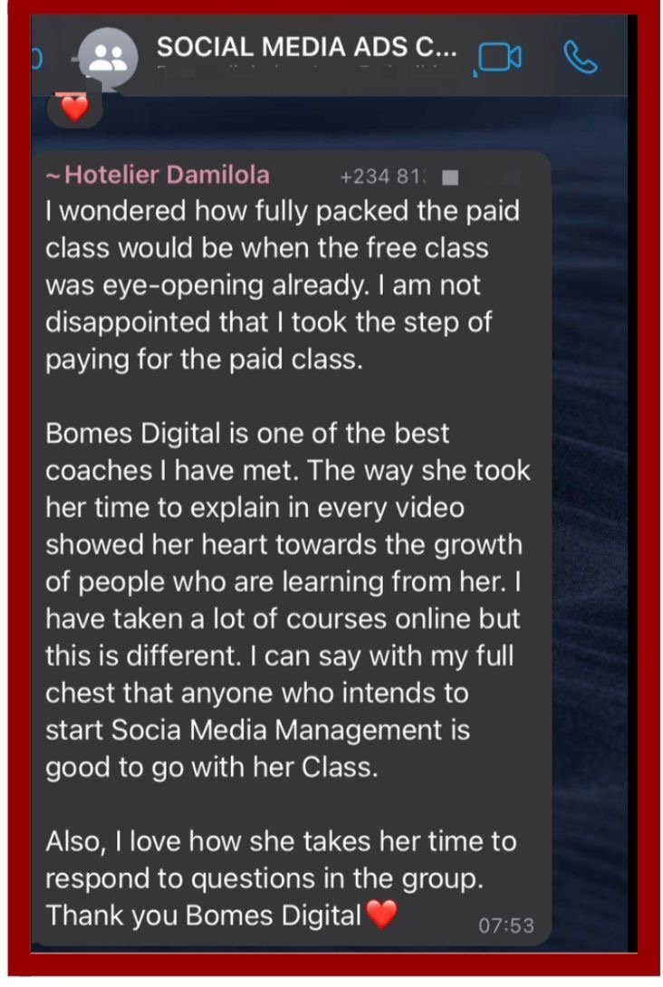Testimonial from Hotelier Damilola praising the paid class