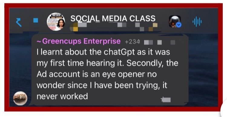 Message from Greencups Enterprise calling the ad account lesson an eye opener