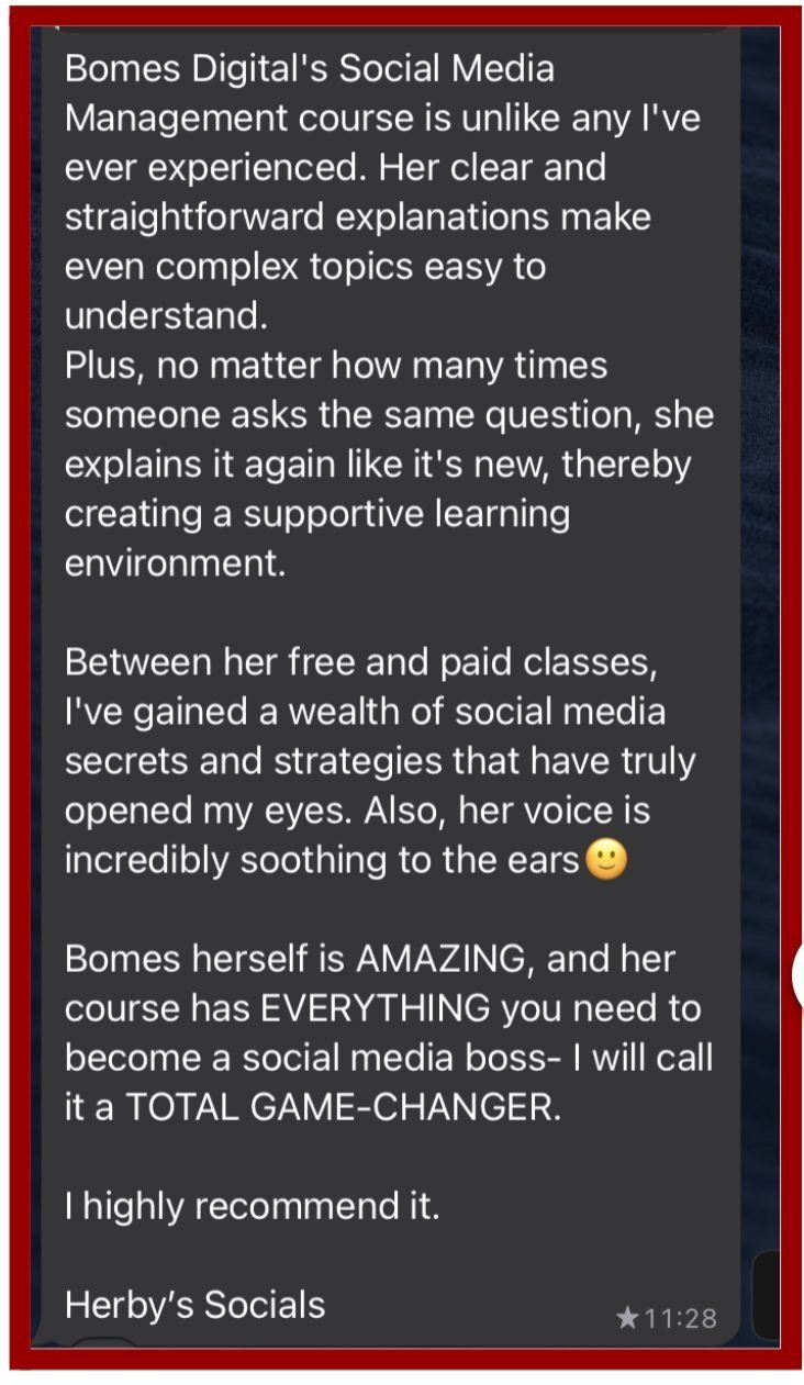 Testimonial from Herby's Socials calling the course a total game-changer