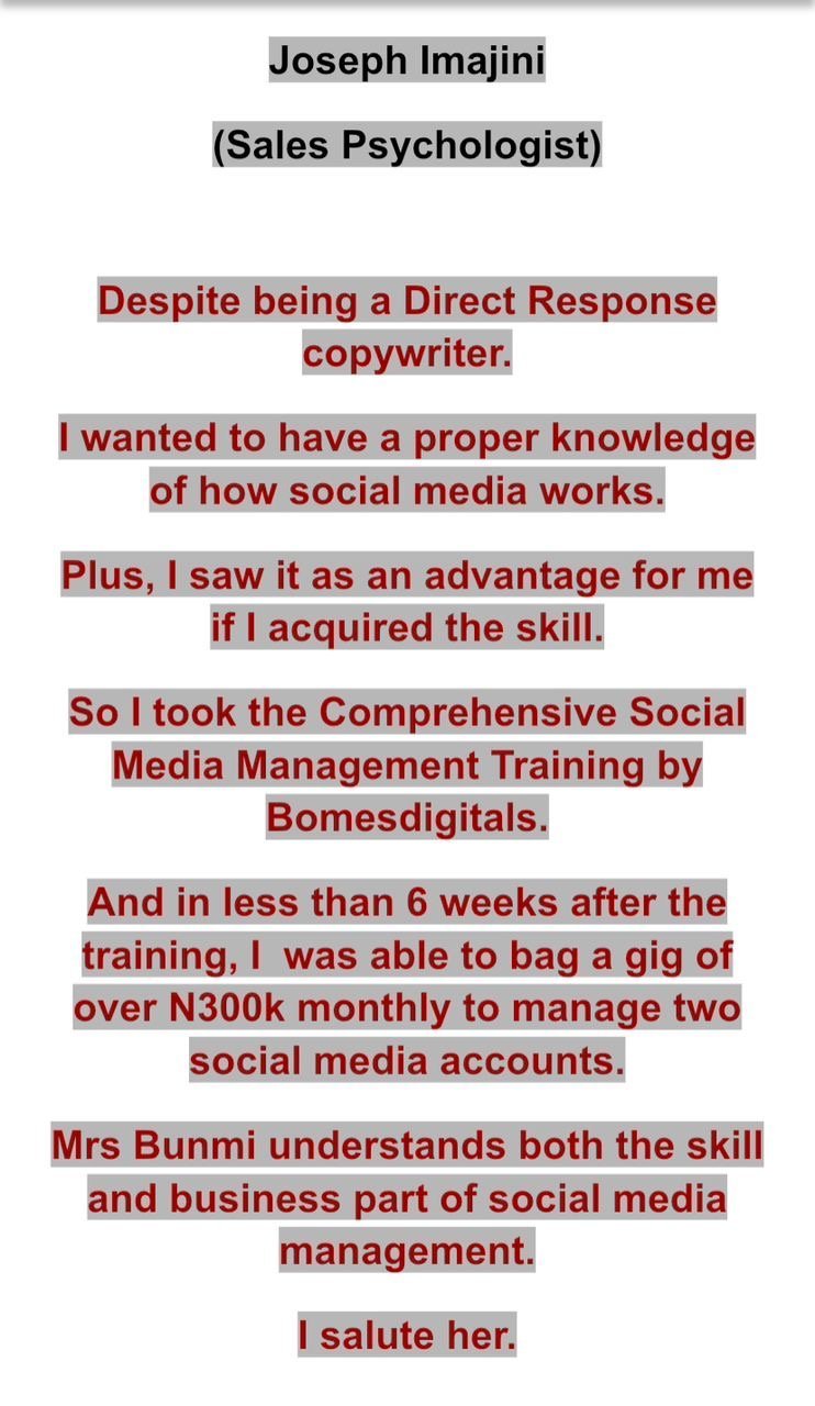 Testimonial from Joseph Imajini: landed a gig of over ₦300k monthly managing two accounts less than 6 weeks after the training